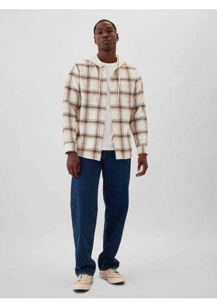 Erkek Kırık Beyaz Hoodie Flanel Gömlek Standart Kesim'de. modelleri