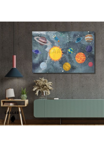 Tekli Yatay Kanvas Duvar Tablosu Uzay Çocuk Odası Güneş Sistemi