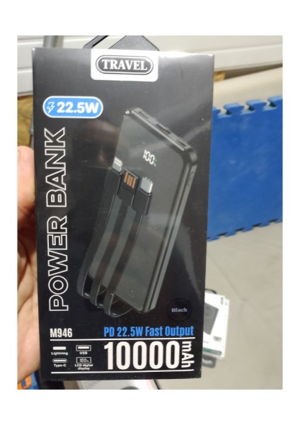 M946 Çıkışlı 10.000 Mah Powerbank Siyah Kendinden Kablo 22.5V Hızlı Şarj