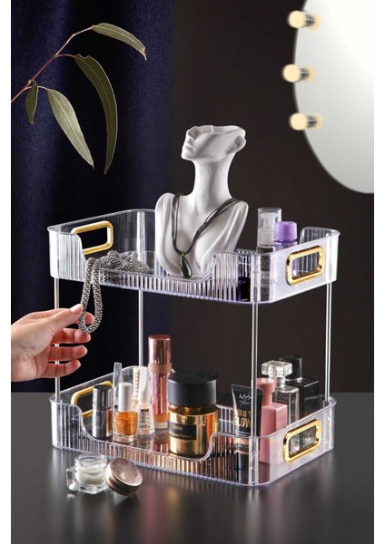 İki Katlı Çok Amaçlı Makyaj ve Takı Düzenleyici Beyaz