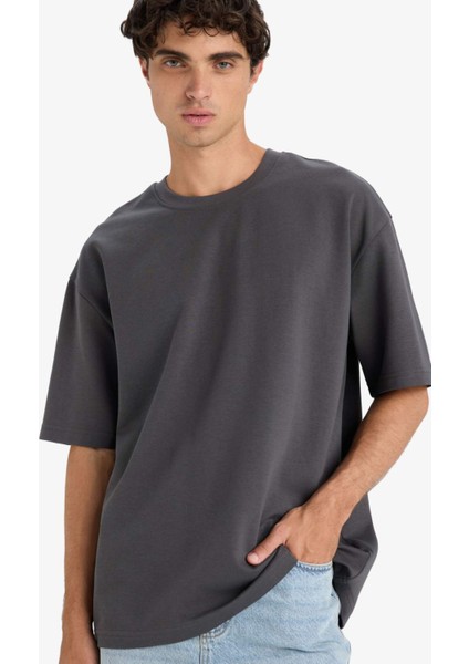 Oversize Geniş Kalıp Bisiklet Yaka Ağır Kumaş Basic Düz Kısa Kollu Tişört E9798AX25AU