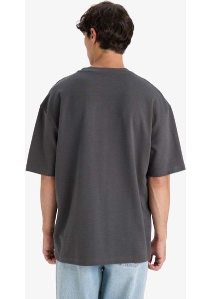 Oversize Geniş Kalıp Bisiklet Yaka Ağır Kumaş Basic Düz Kısa Kollu Tişört E9798AX25AU