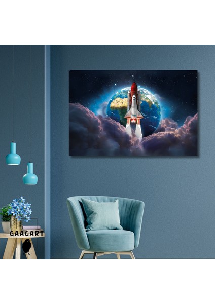 Tekli Yatay Kanvas Duvar Tablosu Uzay Roket ve Dünya