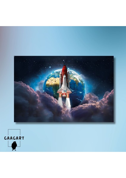 Tekli Yatay Kanvas Duvar Tablosu Uzay Roket ve Dünya modelleri
