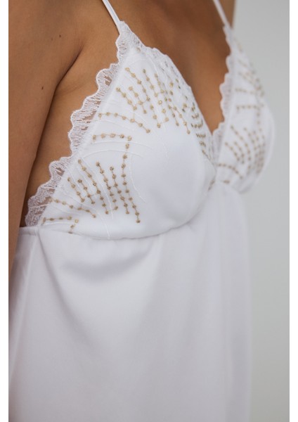 Kırık Beyaz Bridal Charming V Yaka Dantelli Saten Gelin Gecelik modelleri