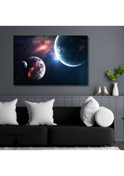 Tekli Yatay Kanvas Duvar Tablosu Uzay Ay ve Dünya