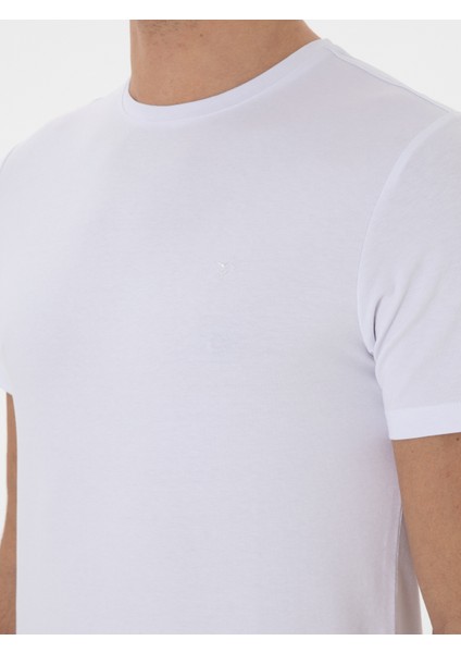 Erkek Beyaz Slim Fit Bisiklet Yaka Pamuk Karışımlı Basic T-shirt 50310013-VR013