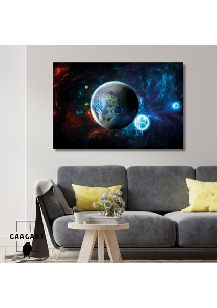 Tekli Yatay Kanvas Duvar Tablosu Uzay Kırmızı Mavi Dünya
