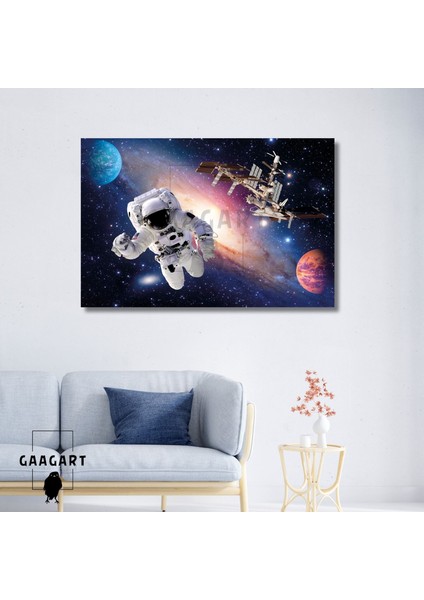 Tekli Yatay Kanvas Duvar Tablosu Uzay Astronot ve Uydu