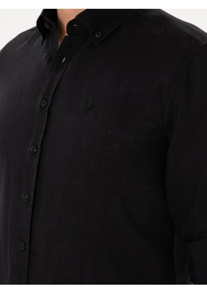 Erkek Siyah Regular Fit %100 Keten Gömlek 50303617-VR046