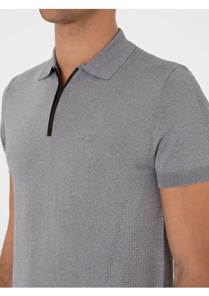 Erkek Gri Slim Fit Fermuarlı Polo Yaka Triko T-Shirt 50300817-VR024