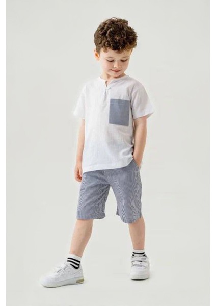 Cep Detaylı Şortlu Keten Erkek Çocuk 2 li takım - Gri