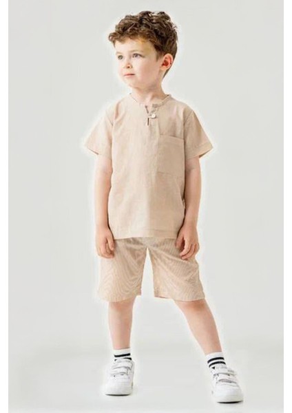 Cep Detaylı Şortlu Keten Erkek Çocuk 2 li takım - Bej