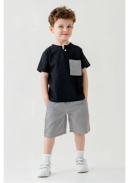 Cep Detaylı Şortlu Keten Erkek Çocuk 2 li takım - Siyah