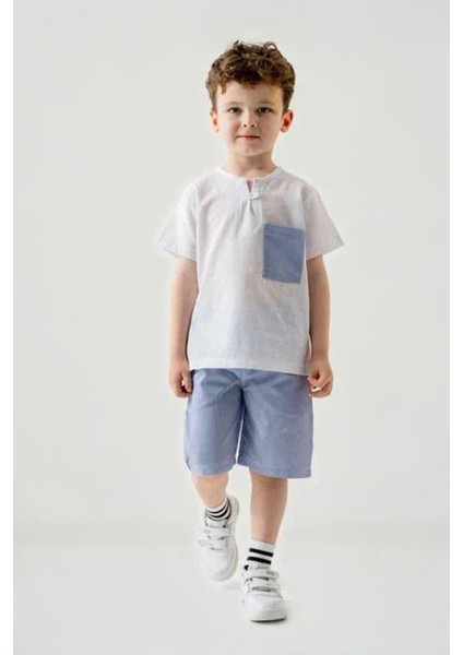 Cep Detaylı Şortlu Keten Erkek Çocuk 2 li takım - Mavi