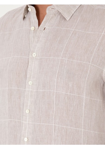 Erkek Bej Regular Fit Kareli %100 Keten Gömlek 50300534-VR011