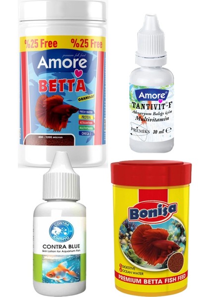 Beta Balık Yemi 125ML, Bonisa Betta 100ML, Multivitamin 30CC, Contra Blue 50CC