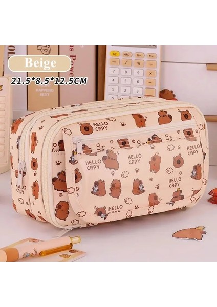 Capya Çok Katmanlı Büyük Kapasiteli Kalem Kılıfı Karikatür Kırtasiye Organizatörü Okul Malzemeleri Için Sevimli Çok Fonksiyonlu Kalem Korumu: Bej (Yurt Dışından)