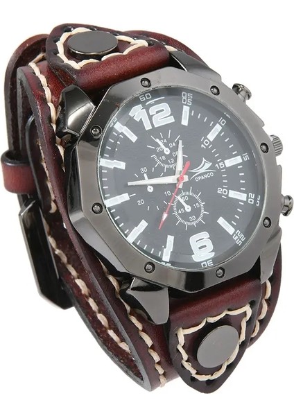 El Yapımı Punk Tarzı Vintage Inek Derisi Deri Geniş Kayış Erkekler Büyük Kadran Quartz Watchcolor: Koyu Kahverengi (Yurt Dışından)