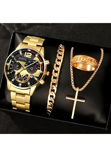 4pcs Moda Erkekler Saatler Paslanmaz Çelik Bant Analog Kuvars Saat Tarihi Saat Mücevher Seti Reloj Hombre （kutu Olmadan） Renk: W118-A (Yurt Dışından)