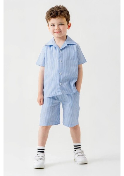 Çizgili Gömlek Şortlu Keten Erkek Çocuk 2 li takım - Açık Mavi