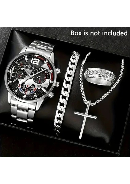 4pcs Moda Erkekler Saatler Paslanmaz Çelik Bant Analog Kuvars Saat Tarihi Saatler Takı Seti Reloj Hombre （kutu Olmadan） Renk: W118-C (Yurt Dışından)