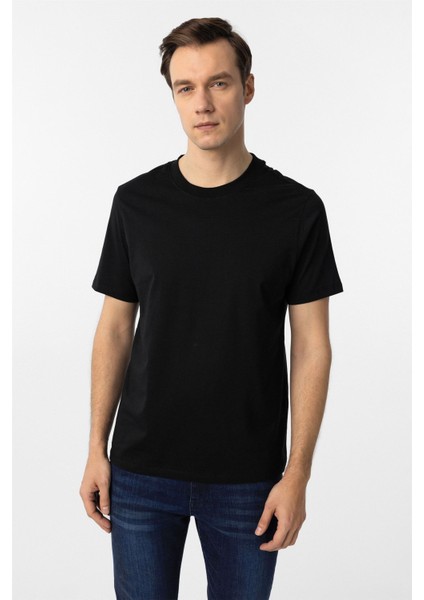 Siyah Regular Düz Bisiklet Yaka Tişört