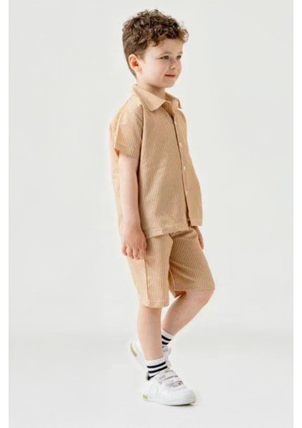 Çizgili Gömlek Şortlu Keten Erkek Çocuk 2 li takım - Açık Kahve