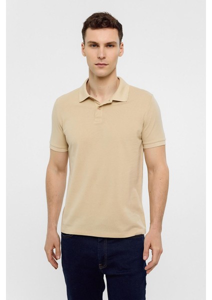 Bej Slim Düz Polo Yaka Tişört
