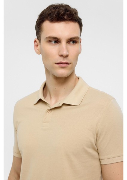 Bej Slim Düz Polo Yaka Tişört modelleri