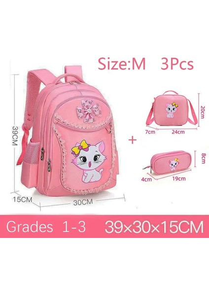Pembe Kedi Çocuk Kız Sırt Çantası Bowknot Çocuk Okul Çantası Karikatür Kitap Çantası Sevimli Prenses Anaokulu Ilkokul Kız Sırt Çantası Renk: M-3pcs (Yurt Dışından)