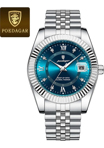Poedagar lüks spor bileği insan için saat izle su geçirmez aydınlık tarih erkekler kuvars paslanmaz çelik erkek saatler erkek reloj+kutu renk: 910 gümüş mavi (Yurt Dışından)