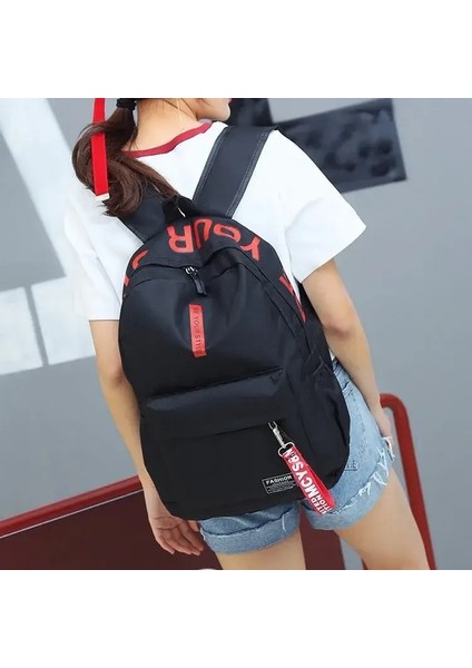 Erkekler ve Kadınlar Için Moda Trendi Sırt Çantası, Lise Öğrenci Çantası, Büyük Kapasite, Koreli Renk Versiyonu: Siyah-Kırmızı (Yurt Dışından)