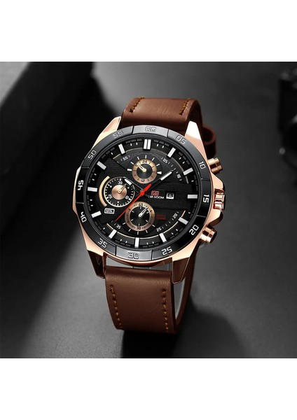 En Iyi Erkekler Spor Tarzı 46MM Büyük Deri Yarış Stili Gündelik Moda Orijinal Siyah Gül Altın Takvim Kuvars Izleme Röte: 216PZ2 (Yurt Dışından)