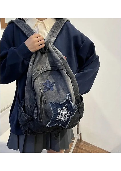 Y2K Koreli Sıradan Denim Sırt Çantası Moda Yıldız Deseni Büyük Kapasite Öğrenci Schoolbag Gençler Vintage Punk Seyahat Kitabı Bagcolor: Siyah/boyut: 30X13X40CM (Yurt Dışından)