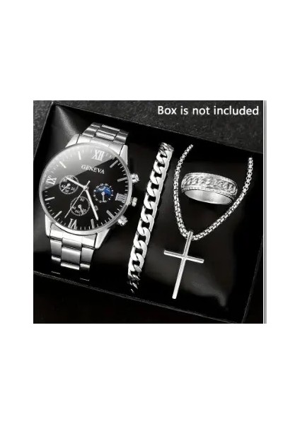 4pcs Moda Erkekler Saatler Paslanmaz Çelik Bant Analog Kuvars Saat Tarihi Saat Mücevher Seti Reloj Hombre （kutu Olmadan） Renk: W118-A (Yurt Dışından)