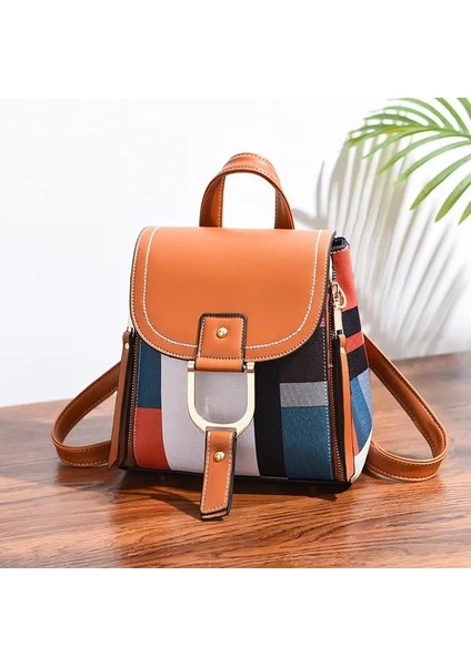 Kadınlar Için Sırt Çantası Pu Deri Ekose Sırt Çantası Çok Fonksiyonlu Koykulu Teenger School Bag Leisure Kilit Back Çantası Mochila Renk: Kahverengi/boyut: 21X13X24CM (Yurt Dışından)