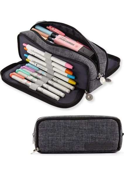 Çift Taraflı Açık Kalem Çantası Düz Renkli Kalem Kasa Kore Okulu Malzemeleri Ofis Kırtasiye Aracı Organizatör Hediye Tutucu Kutu Tuval I Renk: Koyu Gri (Yurt Dışından)