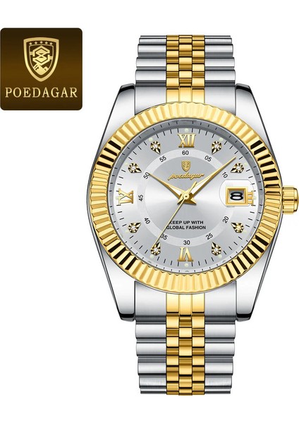 Poedagar lüks spor bileği insan için saat izleme, su geçirmez aydınlık tarih erkekler kuvars paslanmaz çelik erkek saatler erkek reloj+kutu renk: 910 altın beyaz (Yurt Dışından)