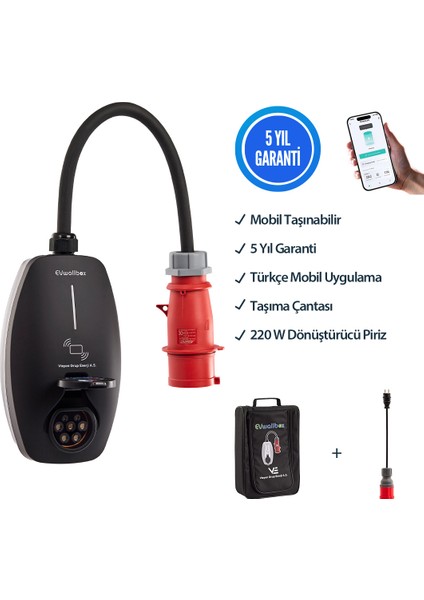 22KW V3 Türkçe Mobil Uygulama 5 Yıl Garanti Taşınabilir Elektrikli Araç Şarj Cihazı (TAŞIMA ÇANTASI ve 220V DÖNÜŞTÜRÜCÜ PRİZ HEDİYE)