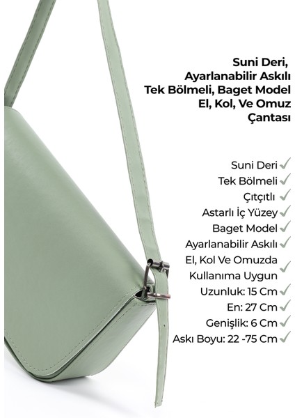 Mint Yeşil SHK183 Kapaklı Suni Deri Ayarlabilir Askılı Baget Model El, Kol ve Omuz Çantası