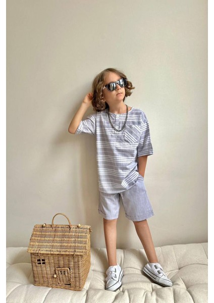 Cep Detaylı Tişört Şortlu Keten Erkek Çocuk 2 li takım - Gri