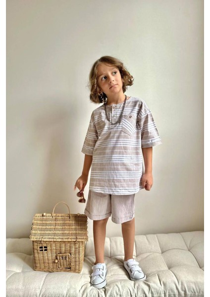 Cep Detaylı Tişört Şortlu Keten Erkek Çocuk 2 li takım - Açık Kahve