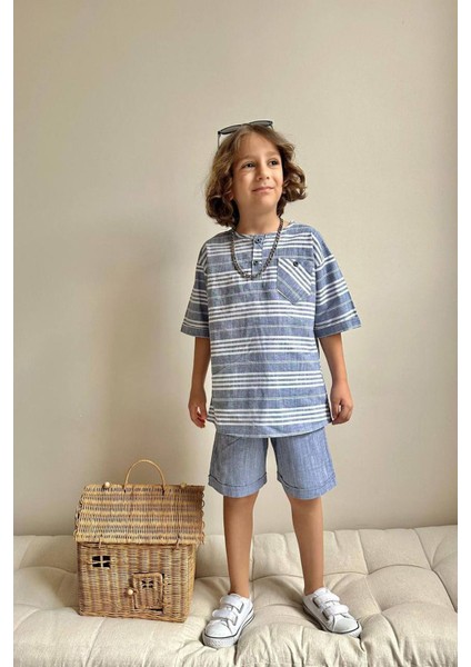 Cep Detaylı Tişört Şortlu Keten Erkek Çocuk 2 li takım - Mavi