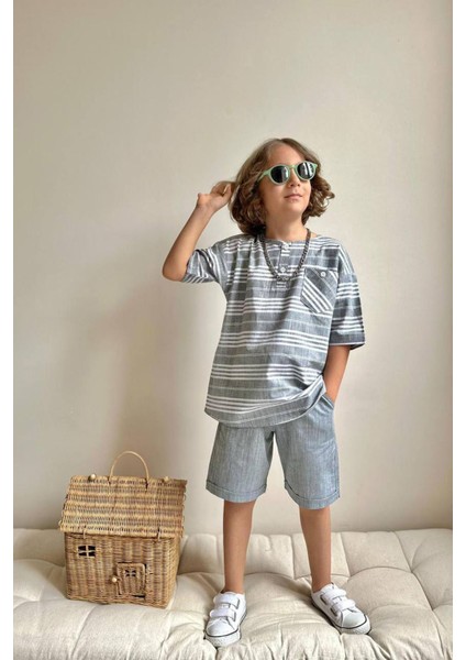 Cep Detaylı Tişört Şortlu Keten Erkek Çocuk 2 li takım - Yeşil