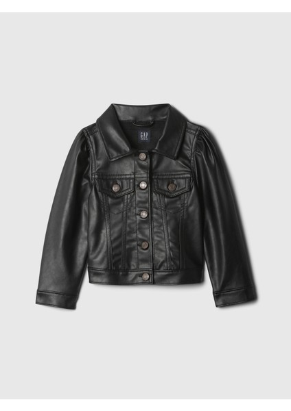 Kız Bebek Siyah Icon Balon Kol Vegan Deri Ceket