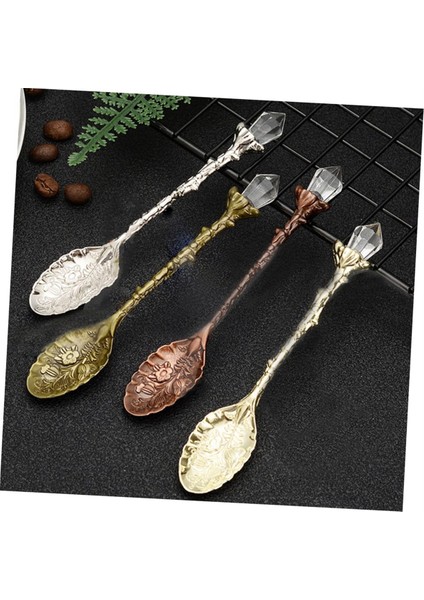 Vintage Işlemeli Kahve Tatlı Kaşığı Seti, Kristal Desen Alaşım Yaprak Kaşık Kupa Kahve Dondurma Kaşığı (Yurt Dışından)