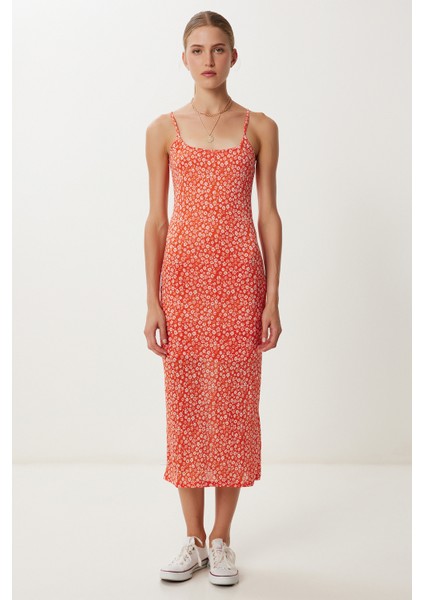 Askılı Desenli Yazlık Örme Elbise LUB0179 Oranj