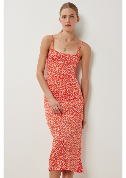 Askılı Desenli Yazlık Örme Elbise LUB0179 Oranj fiyatları