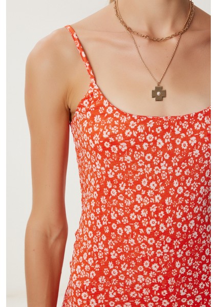 Askılı Desenli Yazlık Örme Elbise LUB0179 Oranj modelleri